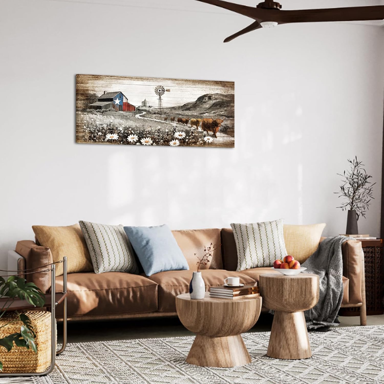 OuElegent Texas Ranch Landscape Wall Art Rustic Farmhouse Painting with Longhorn Cattle, Windmill and Barn Pictures Western Country Wall Decor framed 20''x48'' (brown)