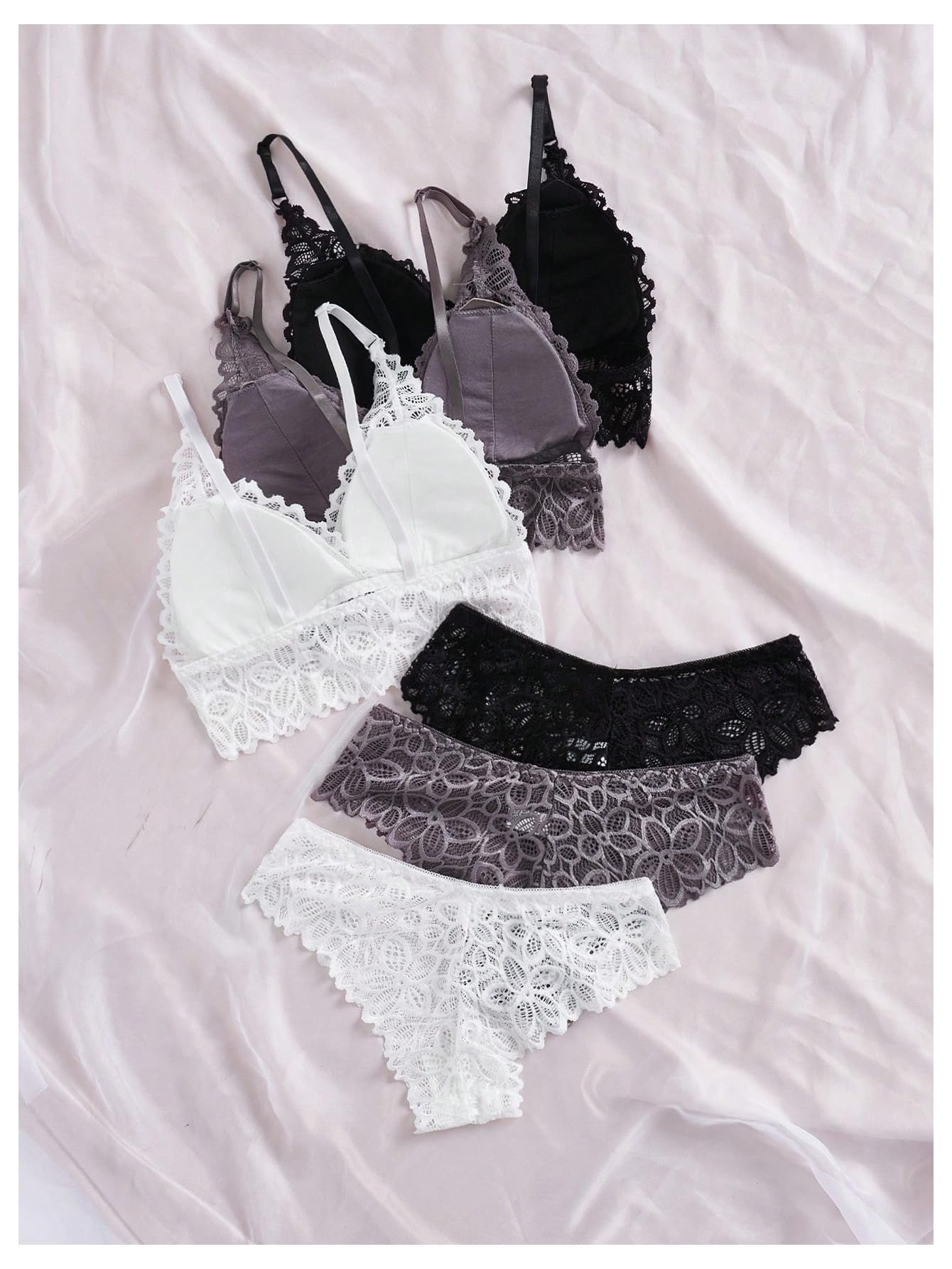 Verdusa Women's Lingerie Sets 6 Piece Lace Bow Floral Underwear Bras Wireless Padded Bra and Panty Set: Medium White Grey Black