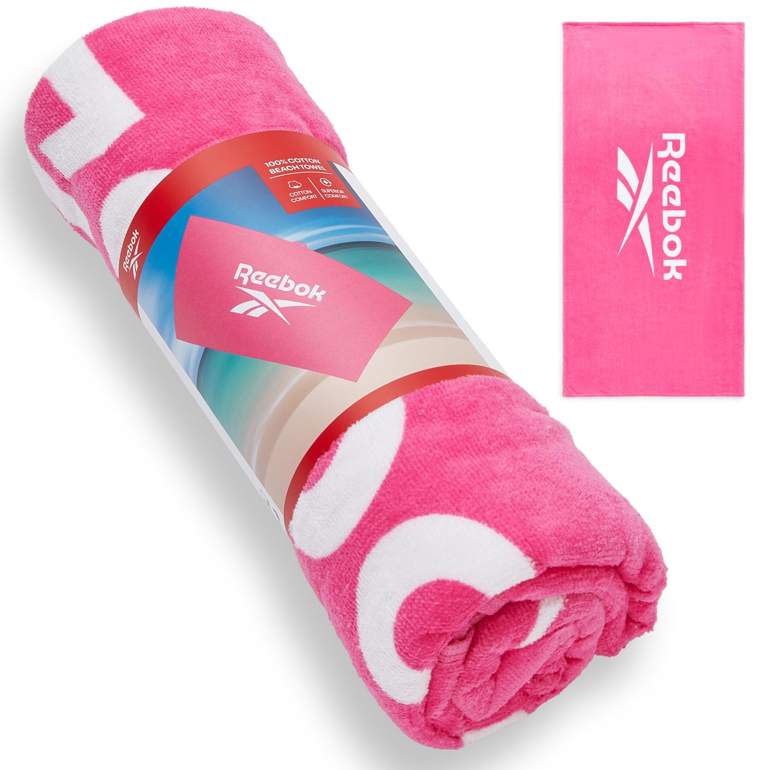 Reebok Positano Beach Towel | Cotton Beach Towel with Velour Facing | Large Beach Towel for Adults | Quick-Dry & Soft | For Pool, Sun Lounger & Holiday Essentials | 70 x 140cm | Atomic Pink