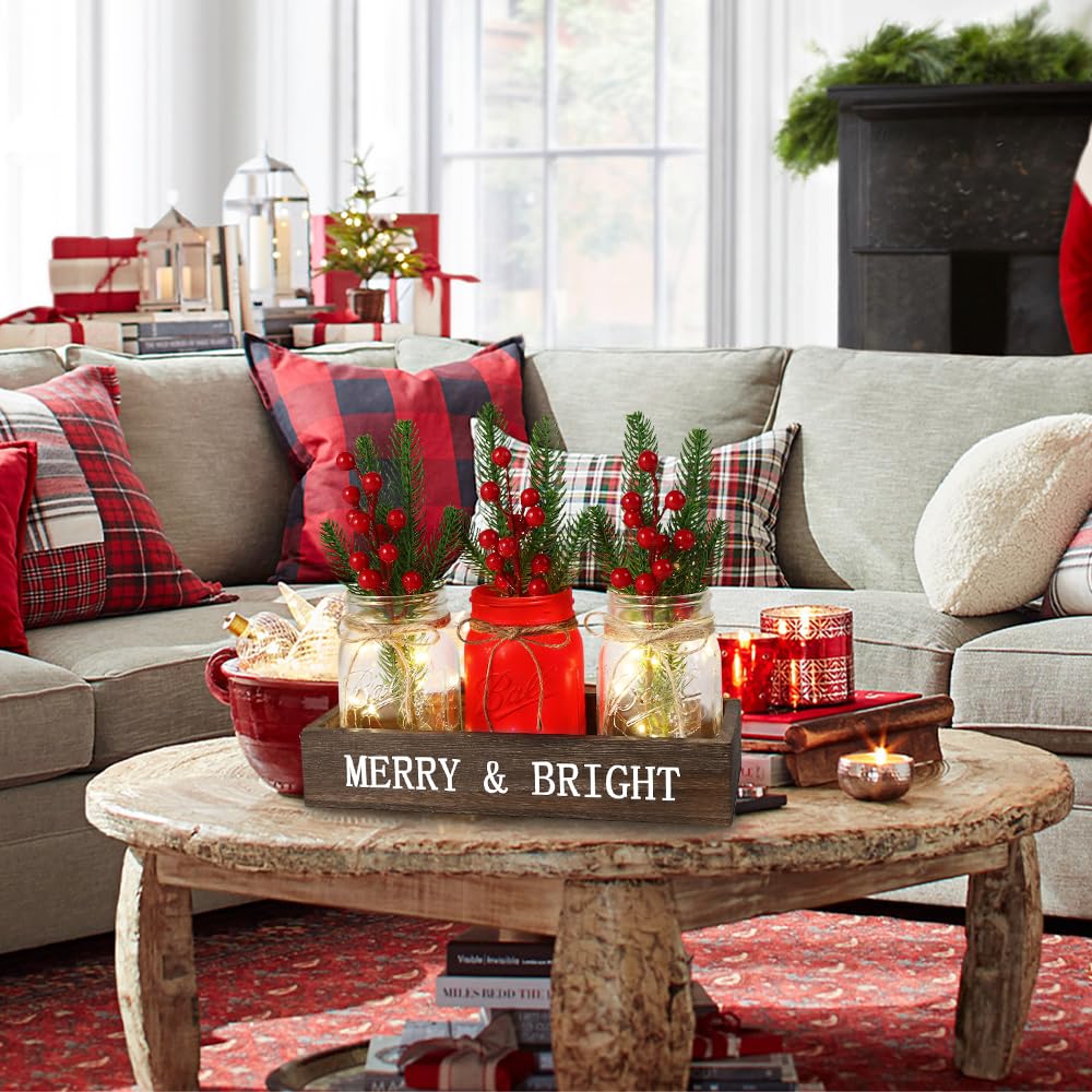 DIYDEC 3 barattoli decorativi natalizi da 7,6 x 12,7 cm, con vassoio in legno e fiori artificiali, ideali per l'inverno, le vacanze, la casa, centrotavola, decorazione regalo (rosso)