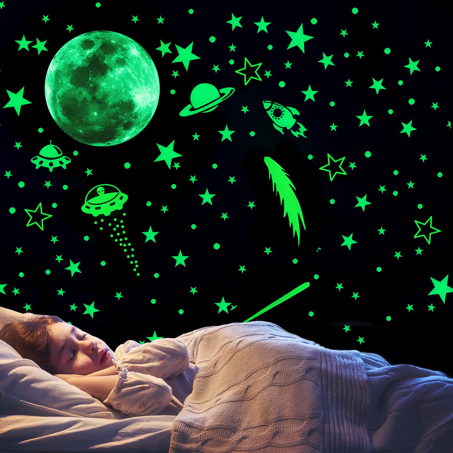 Pegatinas de pared de estrellas luminosas, cohetes y planetas que brillan en la oscuridad, pegatinas de pared de estrellas luminosas, pegatinas de pared de estrellas de techo (verde)
