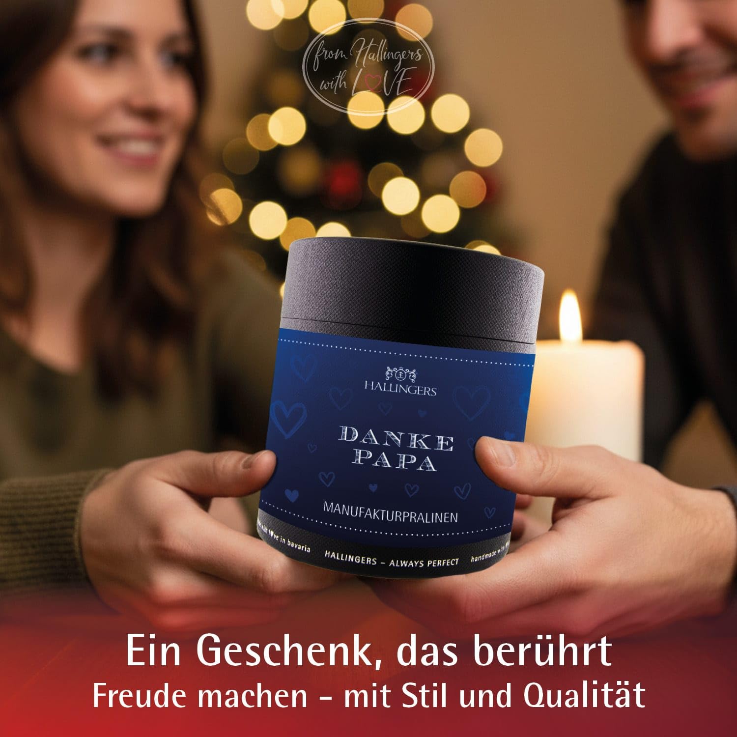 Hallingers Genuss Manufaktur Pralinen Vatertagsgeschenk - ohne Alkohol, handmade aus Confiserie-Edelkakao in wertiger XXL-Geschenkdose "Danke Papa", Geschenkidee für Papa Opa