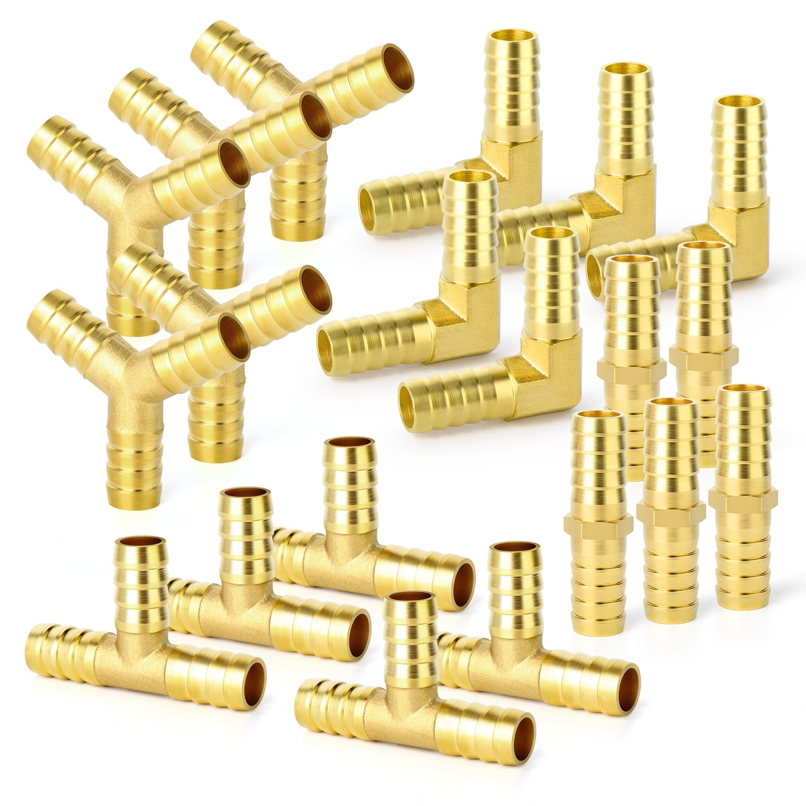 GASHER 20 Pieces 3/8 Inch Brass Hose Barb Set, 90 Degree L Right Angle Elbow, Y-Shape Air Hose Barb, Tee Hose Barb, Fuel/AIR/Water/Oil/Gas/WOG