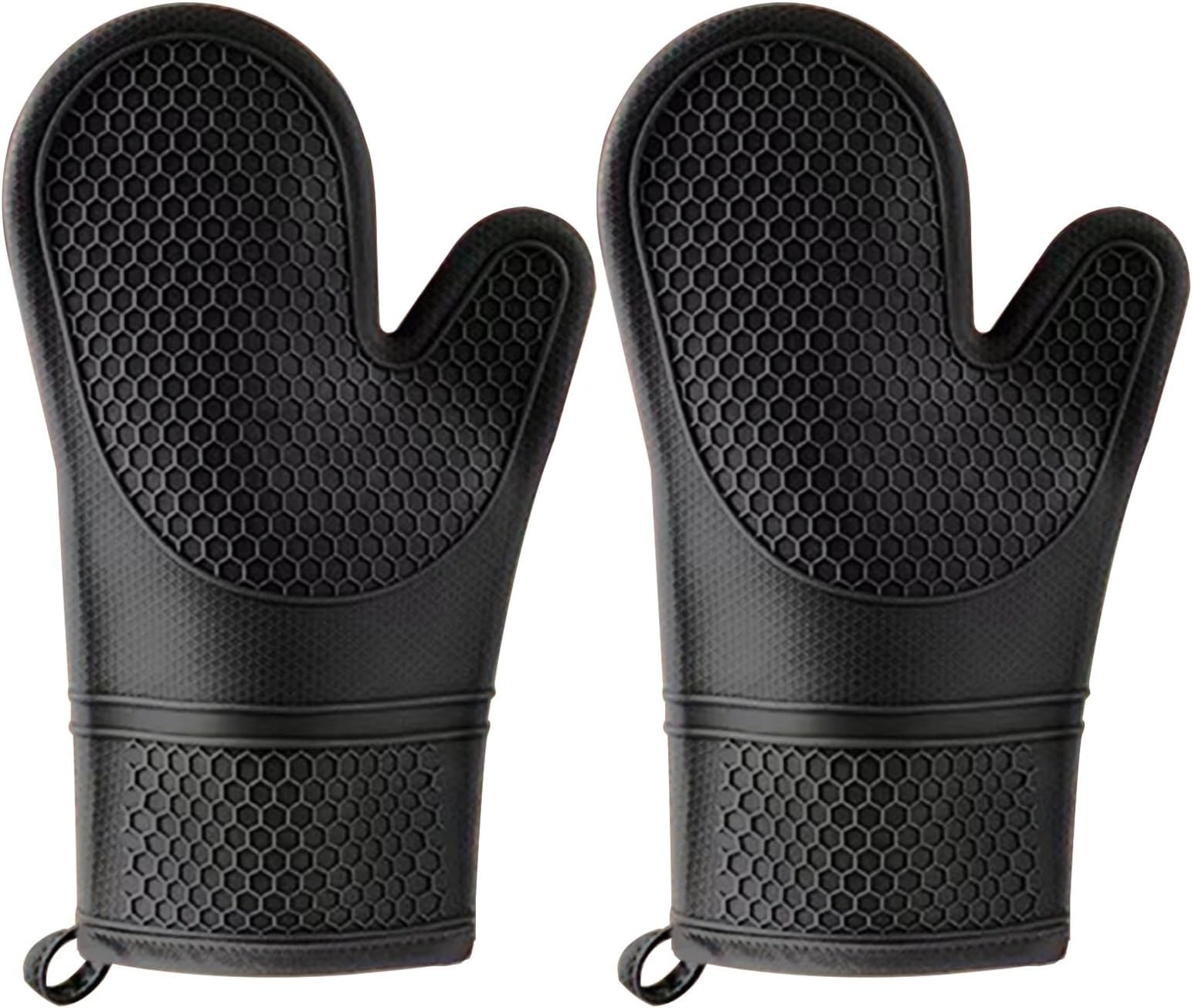 1 Pair 11.41 inch Extra Long Silicone Oven Mitts, Heat and Slip Resistant Oven Mitts with Soft Cotton Lining Non-Slip Textured Grip, Long Flexible Thick Gloves for BBQ, Baking, Cooking (Black)