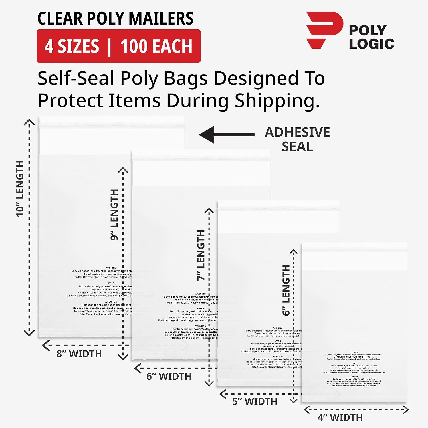 Clear Resealable Poly Bags with Suffocation Warning (400 Pack) - 4 Sizes: 4x6, 5x7, 6x9, 8x10 - Self-Seal Plastic Sleeves for Packaging, Shipping, Clothing & Small Business - by Poly Logic