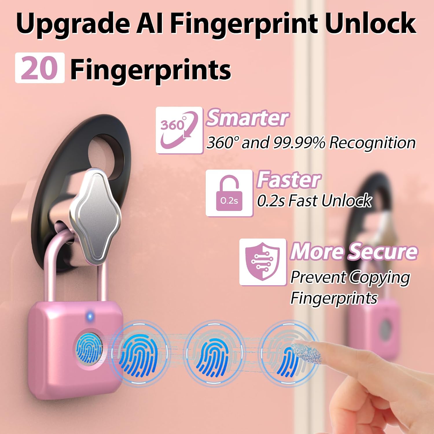 Fingerprint Padlock,Smart Padlock APP Control,Fingerprint Locker Lock,Gym Lock USB Rechargeable for Gym Locker,Locker, School,Storage Pink image 3