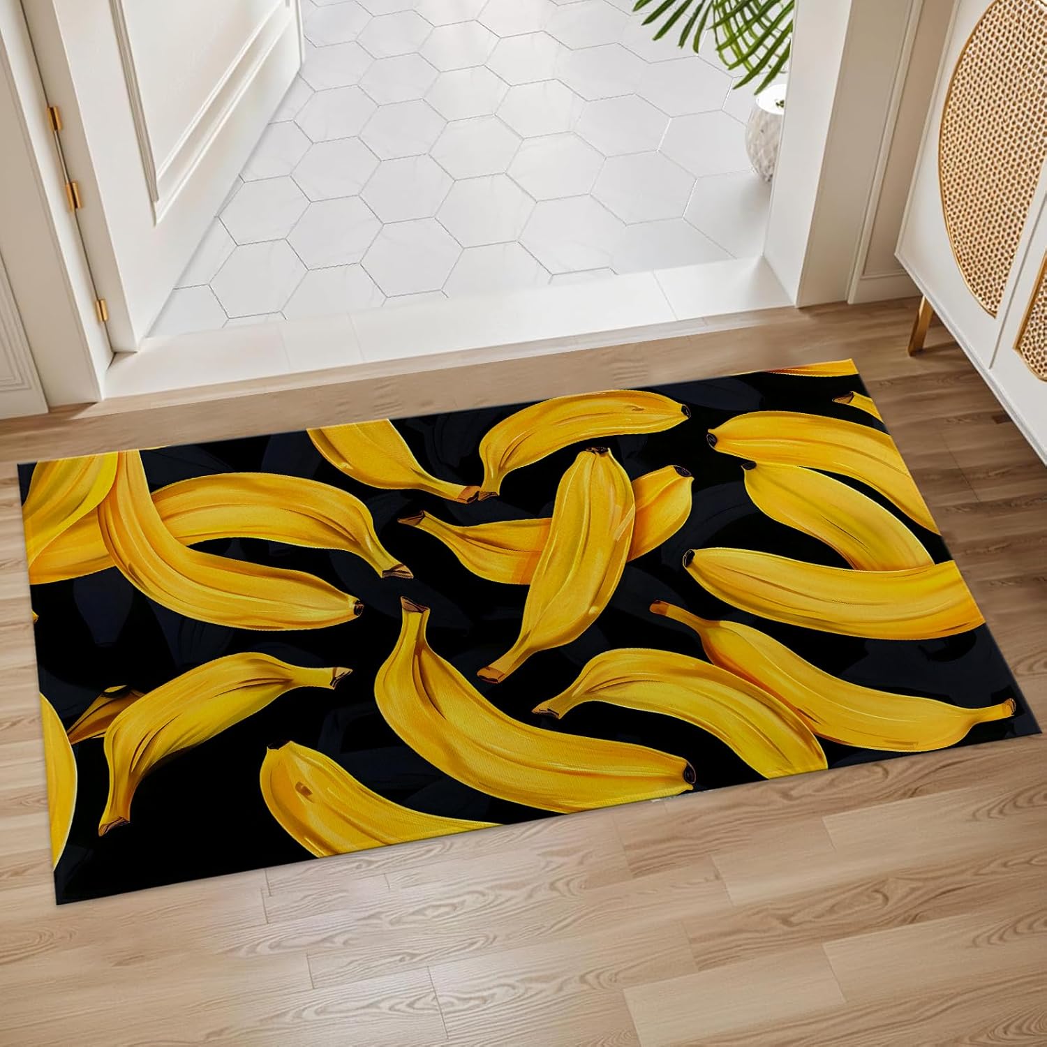 Banana Pattern Indoor Door Mat, 17x29.5 Inch, Floor Area Rug for Entryway, Living Room, or Bathroom, Non-Slip Doormat, Yellow Fruit-Themed Home Decor Rug Gifts