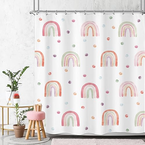 Miniatura 11 de Cortina de Ducha Bohemia Arcoíris 72 Pulgadas de Ancho x 84 Pulgadas de Largo Extra Larga Niños Niñas Lindo Juego de Baño Rosa de Lunares Niñas Un
