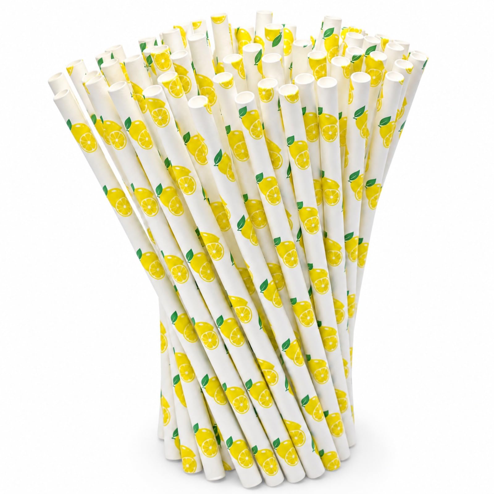 White Lemon Paper Straws, 100 Pcs Disposable Straws for Parties
