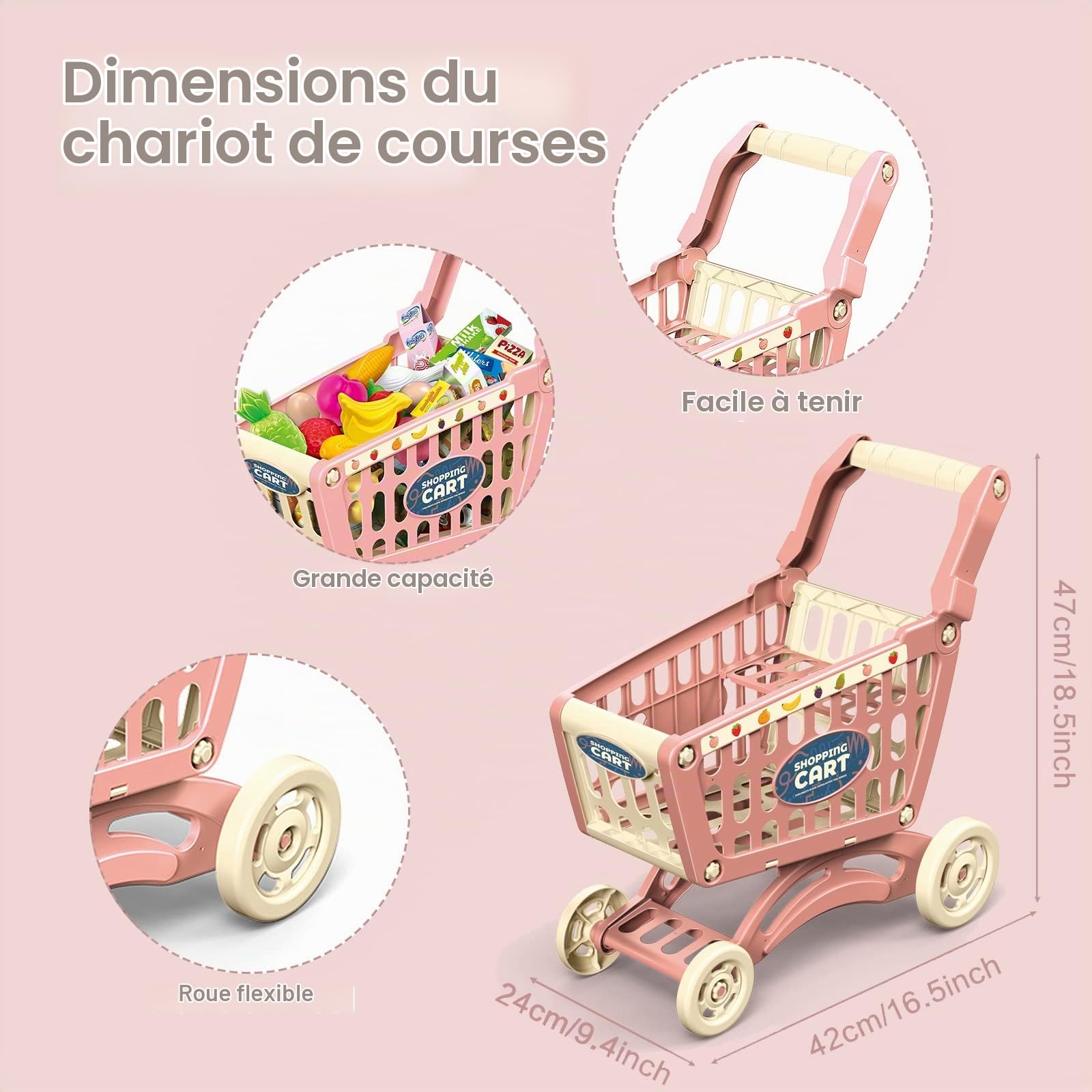 RedCrab Chariot de Courses Enfant, Jeu de Chariot de Courses Comprenant 64 Pièces Accessoires de Magasin, Cadeau de Jouet Éducatif