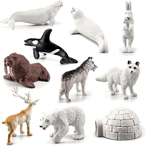 10 figuras de animales polares, decoración realista de animales árticos, sellos en miniatura, morsas, oso polar, zorro, conejo, ballena, reno, iglú