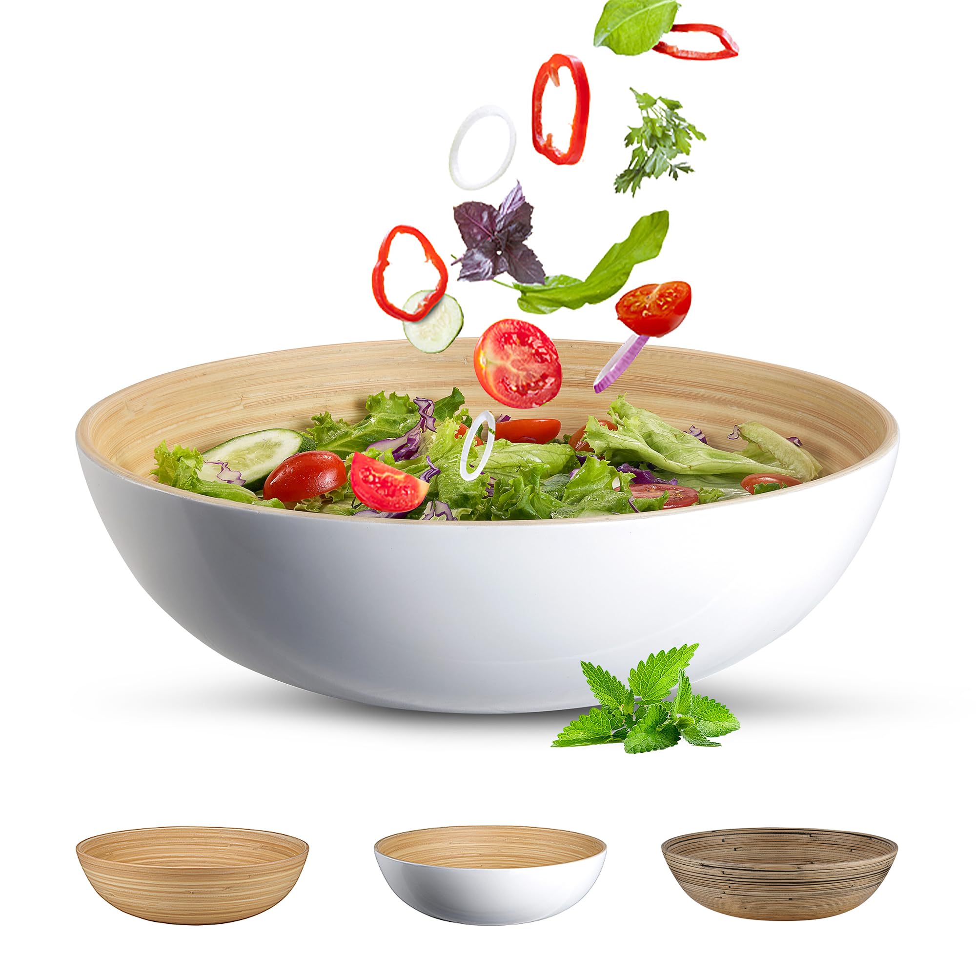 LEXA Bamboo Salad Bowl 12 Inch Extra Large Serving Bowl, Lightweight Popcorn Bowl or Chip Bowl for Party Snacks, Handcrafted Salad Bowls Large Serving (Ceramic White)
