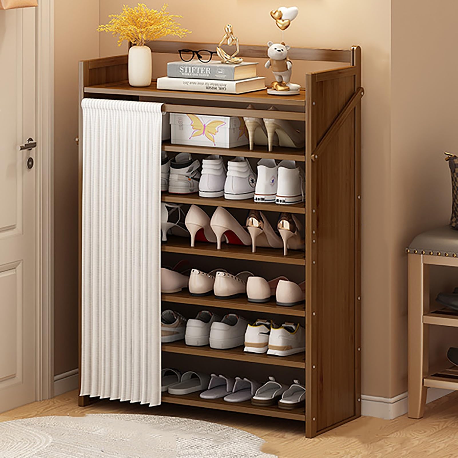 Foldable Shoe Rack No Assembly Required Bamboo Shoe Indoor/Outdoor Storage Shelf Independent Shoe Cabinet for Entryway Camping 2 Tier Black Color(Brown-7 Layers 27.5in)