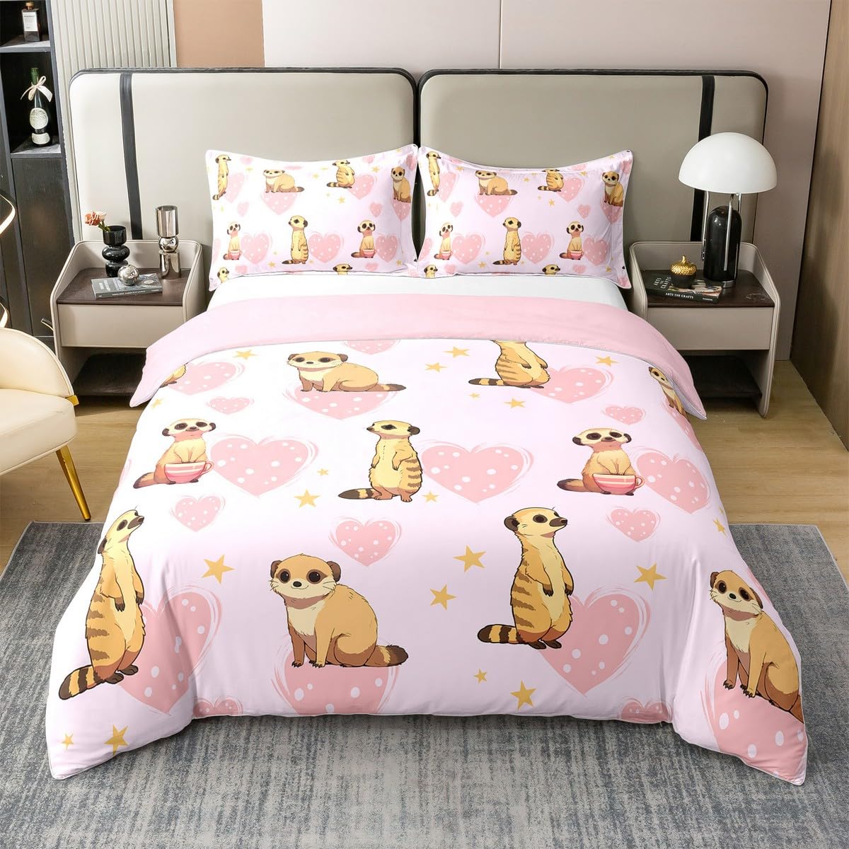 Mongoose 100% Baumwolle Bettbezug,Cartoon Zoo Tier Bettwäsche Set 135x200 für Kinder Jungen Mädchen,Farm Mongoose Bett Sets,Love Heart Bettbezug mit 1 Kissenbezug Weich,Kein Tröster
