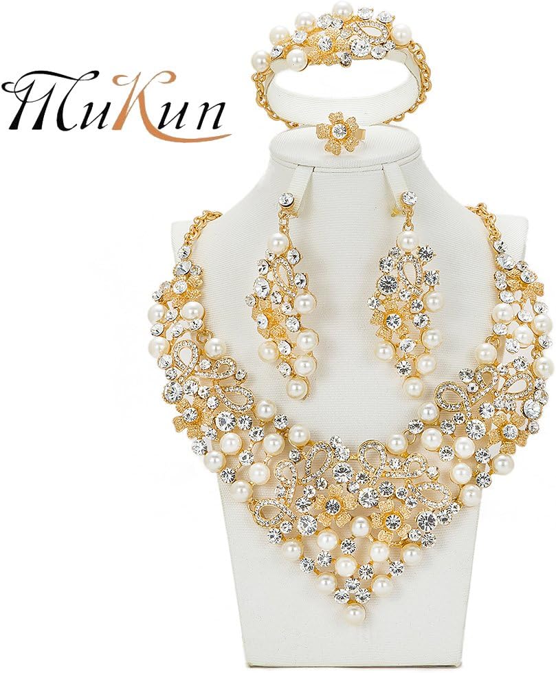 MUKUN Wedding Gold Plated Pearl Beads Jewelry Sets, Dubai Necklace Earrings Jewelry Sets Banquet,Gold Pearl Bridal Necklace