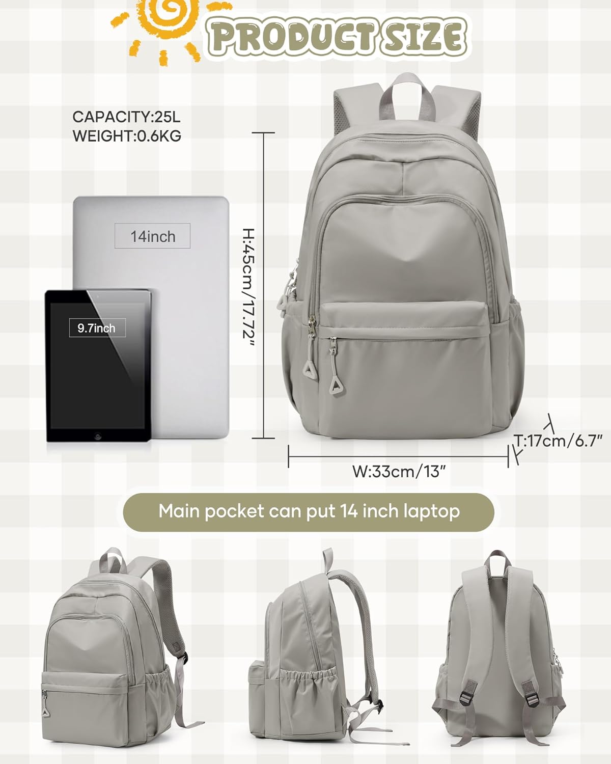 winspansy Backpack for School Teenage Girls Boys,Waterproof Lightweight School Bags Travel Daypack Simple Cute College Backpack Rucksack for Women Men fit 14 Inch Laptop,Grey Brown