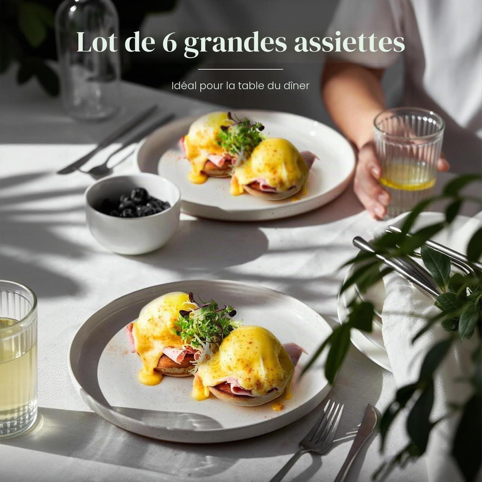 DOWAN Service d'Assiettes en Grès, 26cm Assiette en Céramique, 6 pièces Assiette à Service en porcelaine, Assiette Plate pour Salade, Steak, Plat Principal, Dîner - Blanc Vanille