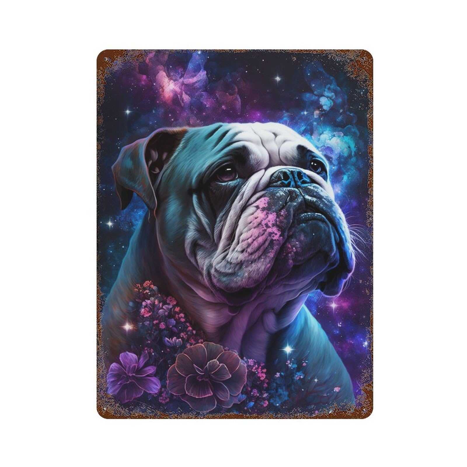 Garage Style Cosmic Bulldog with Flowers Distressed Metal Wall Sign 15.7"x11.8", Shabby Chic Decor for Bar And Workshop