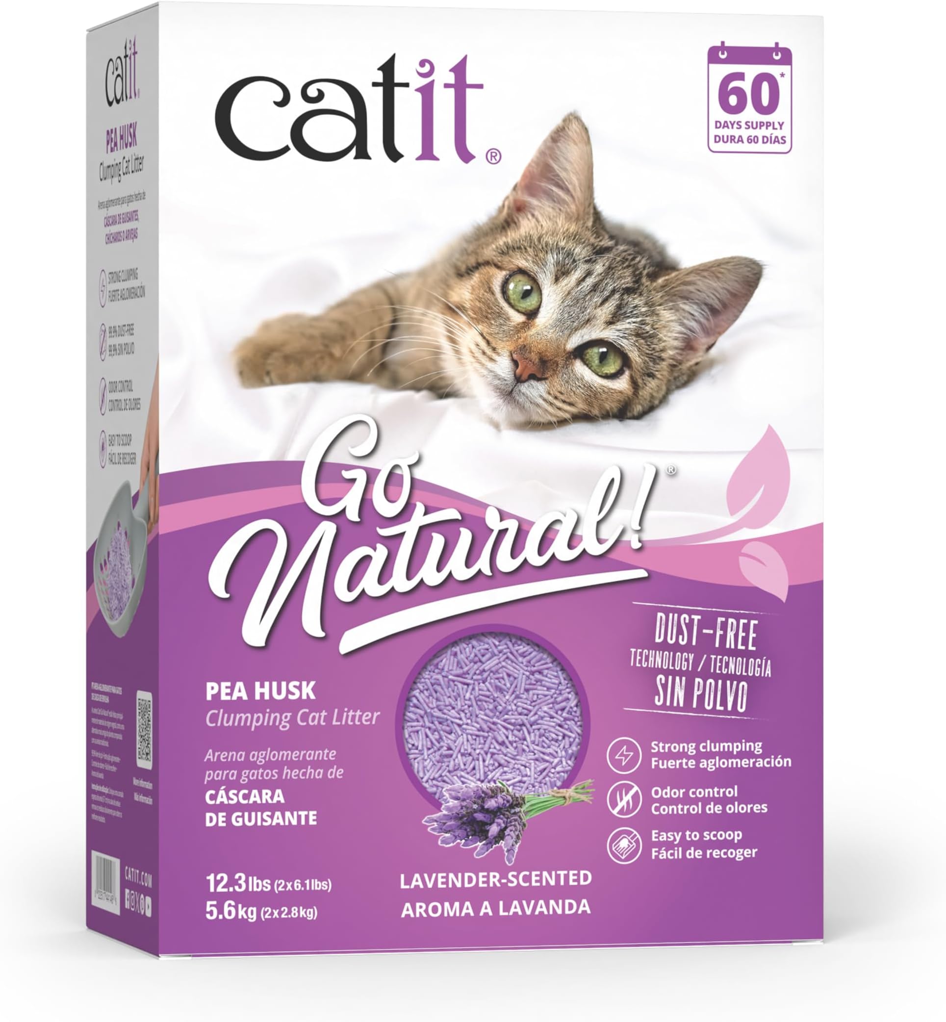 Go Natural Lavender Scented Pea Husk Clumping Cat Litter, Deodorising, 99.9% Dust-Free, Fast Clumping Cat Litter, Plant-Based Litter for Cats & Kittens, 5.6kg (2 x 2.8kg)