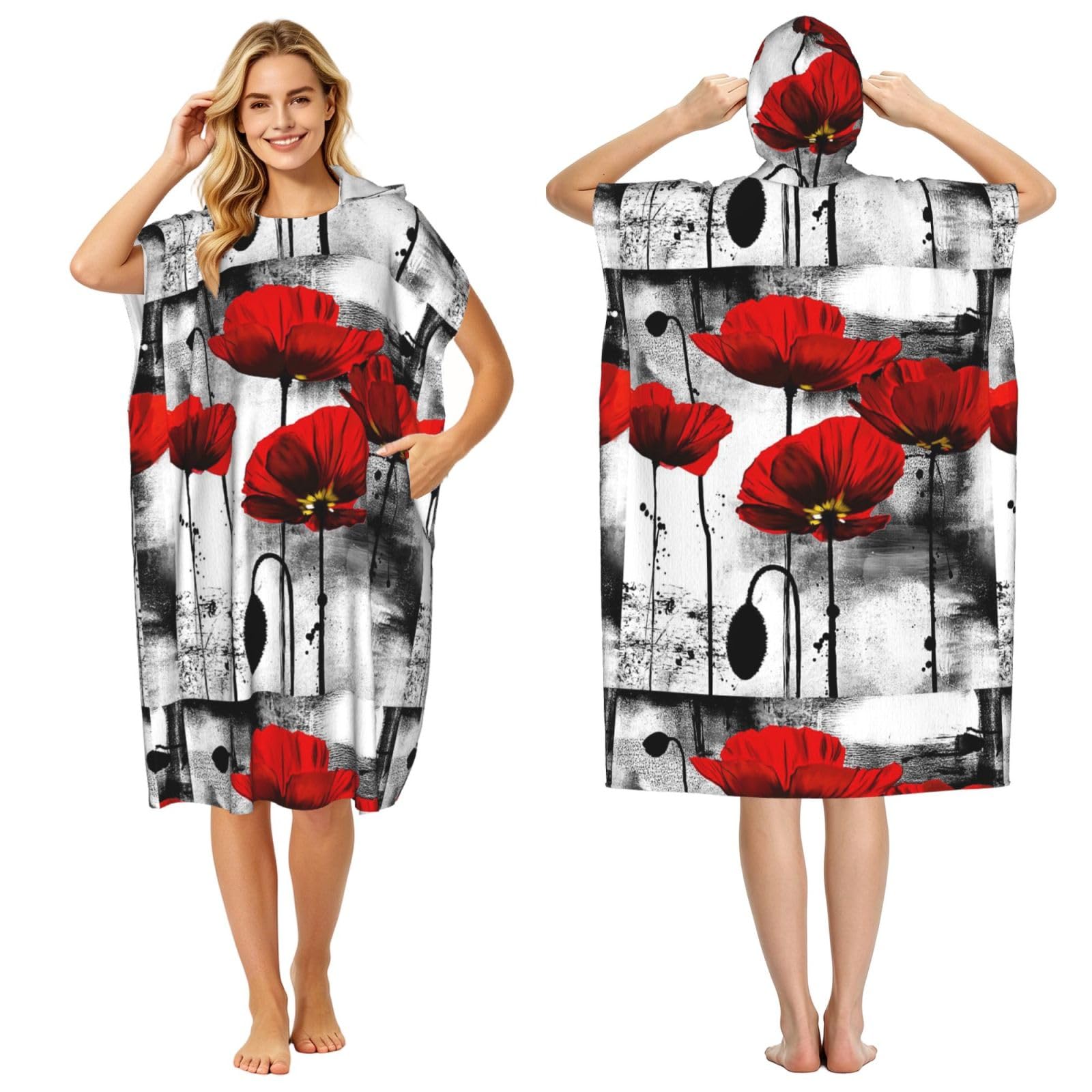 Poadnly Beautiful Poppy Flower Ink Printing, Adult Hooded Beach Towel 90 x 110 cm,Changing Bath Robe, Surf Poncho Towel For Women Men
