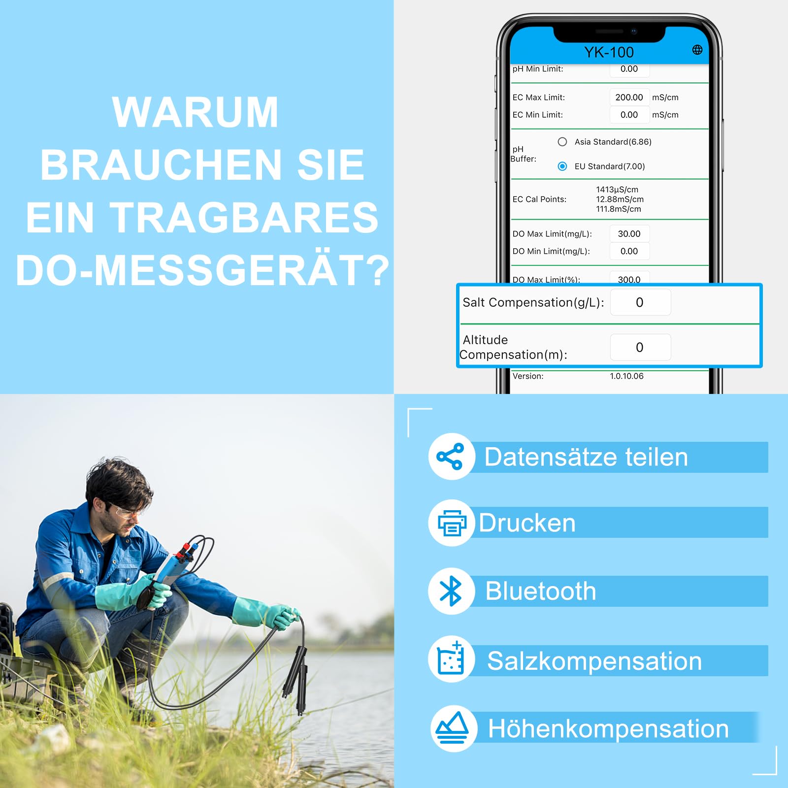 Tragbares Messgerät für gelösten Sauerstoff, intelligentes DO Messgerät mit Salzgehalt und Höhenkompensation, tragbarer 6-in-1-pH-DO-SALZ-EC-TDS-Tester für Koiteiche, Aquakultur-Umweltmonitor, wissen