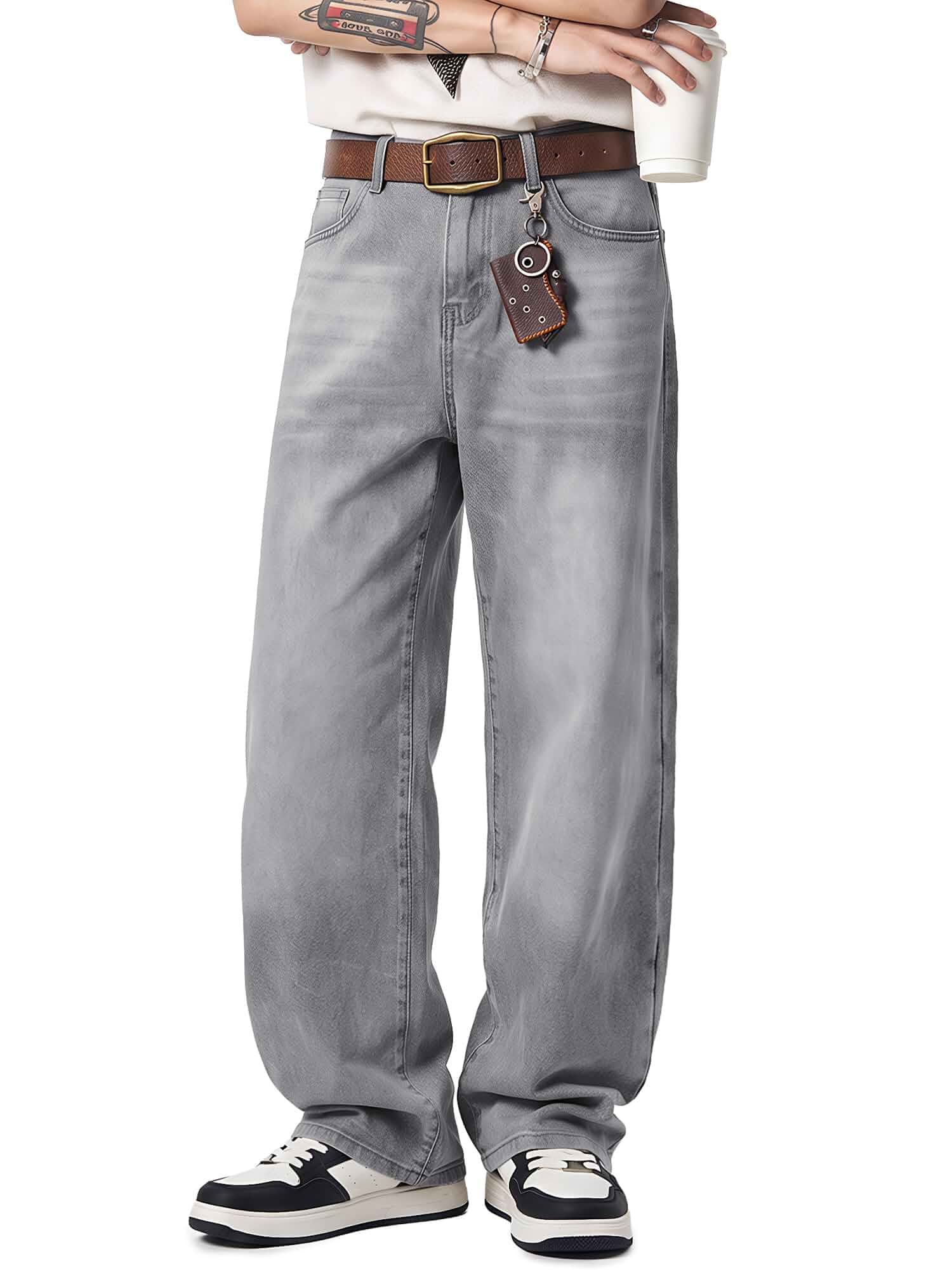JMIERR Men's Baggy Y2K Jeans Stretch Loose Fit Wide Leg Denim Pants 5 Pockets, Oversized Casual Trousers, Vintage Relaxed wash, Breathable Cotton Blend，Hip Hop, Skater Streetwear, All-Season
