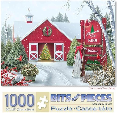 Bits and Pieces Rompecabezas de 1000 piezas para adultos - Granja de árbol de Navidad - Rompecabezas de nieve de vacaciones de invierno por el