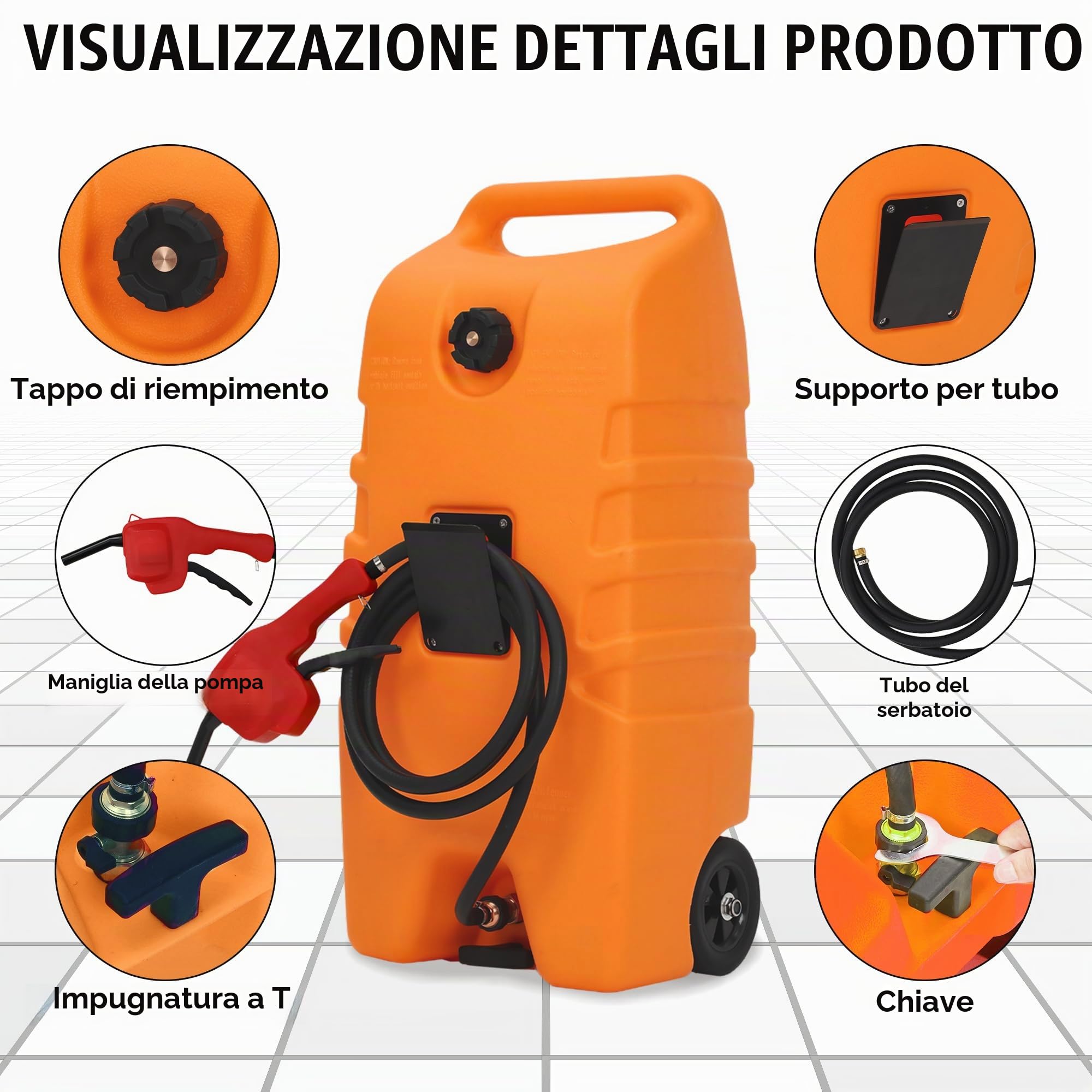 Serbatoio Carburante Portatile 53L Con Ruote, Pompa Sifone Manuale e Tubo 3 m, Per Auto, Barche, Tosaerba e Uso Agricolo, Robusto Design a Valigia, Arancione, senza cinghia