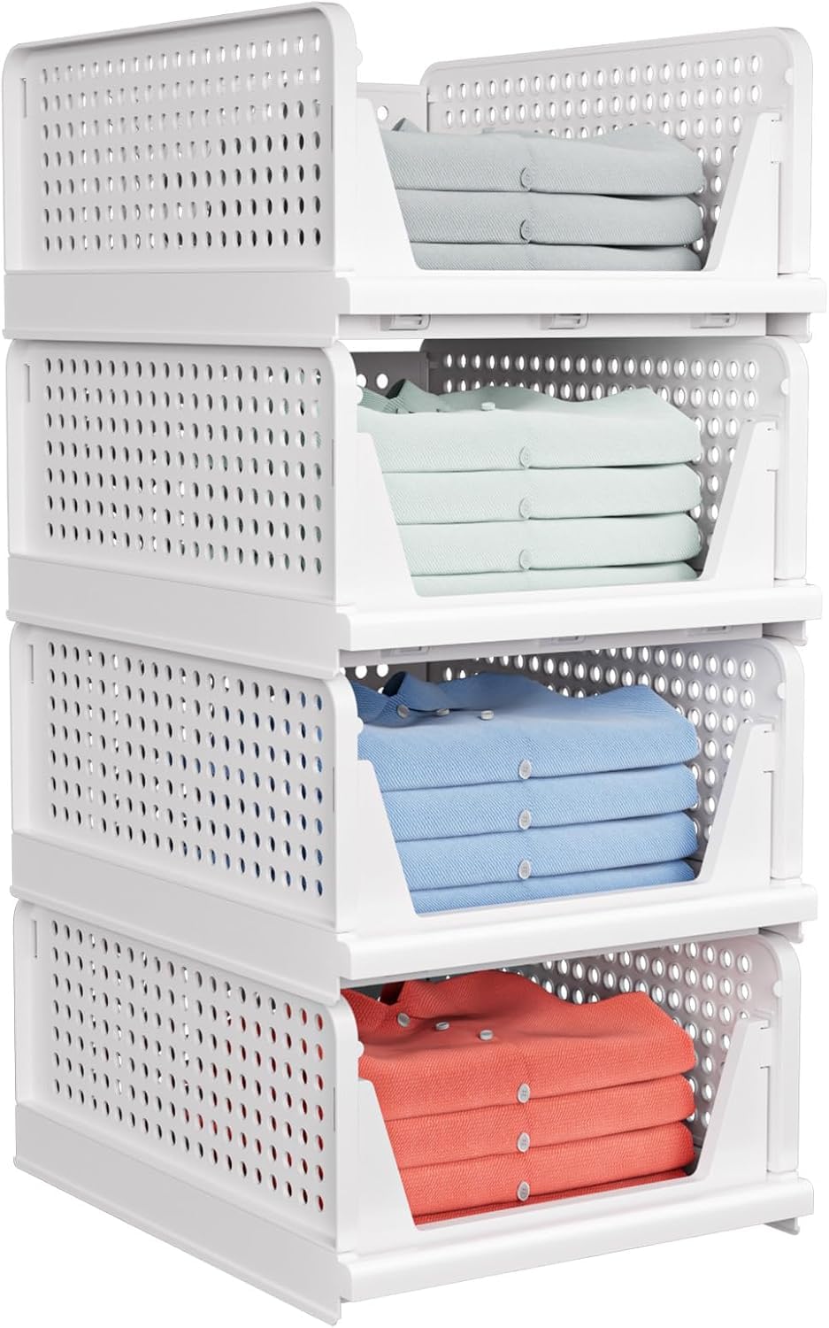 4 Pack Wardrobe Storage Organiser, Stackable & Foldable Closet Organisers for Bedroom Bathroom Laundry Room Wardrobe Storage, Space-Saving Clothes Storage Drawer Organiser Basket, White