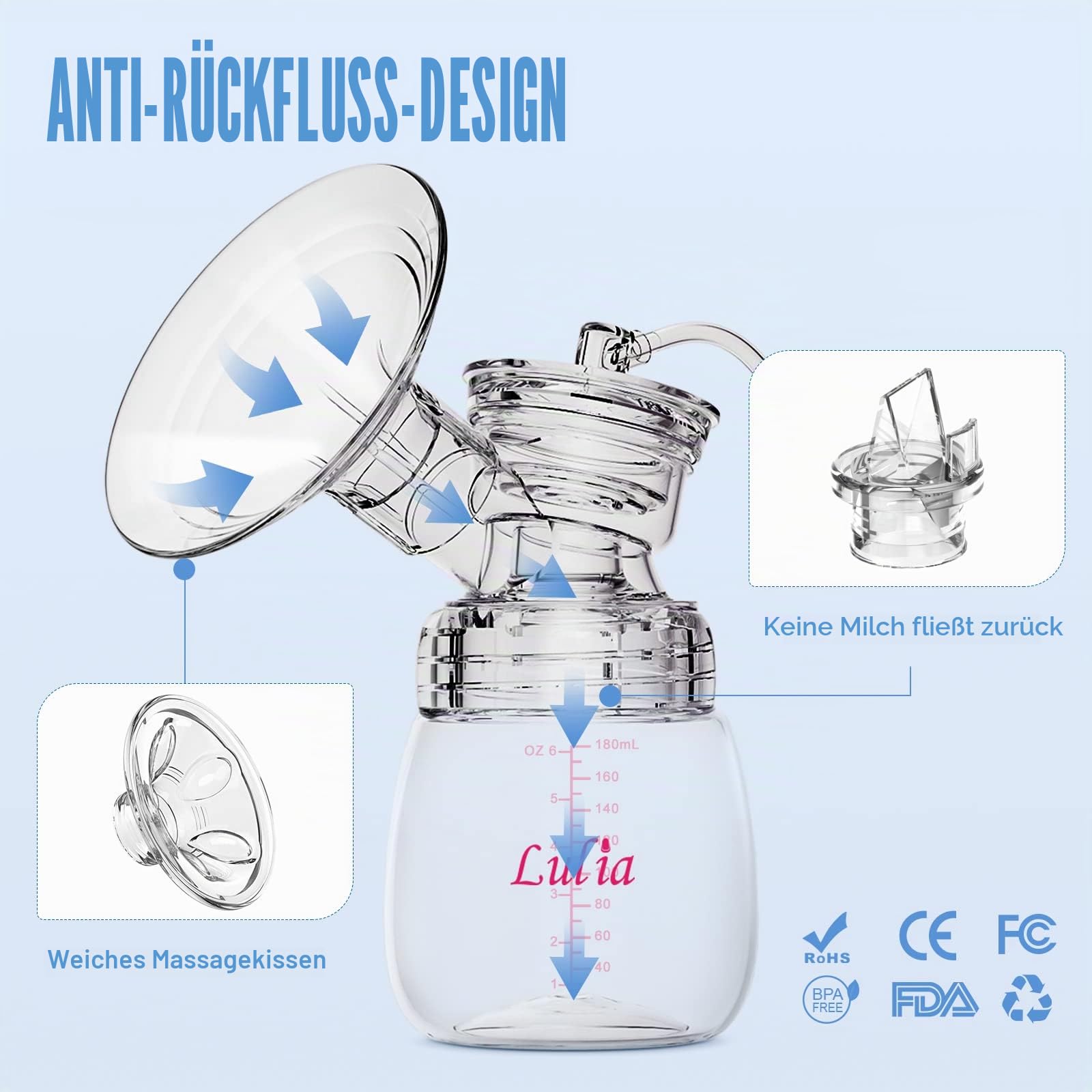 Lulia Milchpumpe Elektrisch, Elektrische Milchpumpe 4 Modi und 9 Stufen, Anti-Rückfluss, Ultra-leise, BPA-frei (Schwarzweiß)