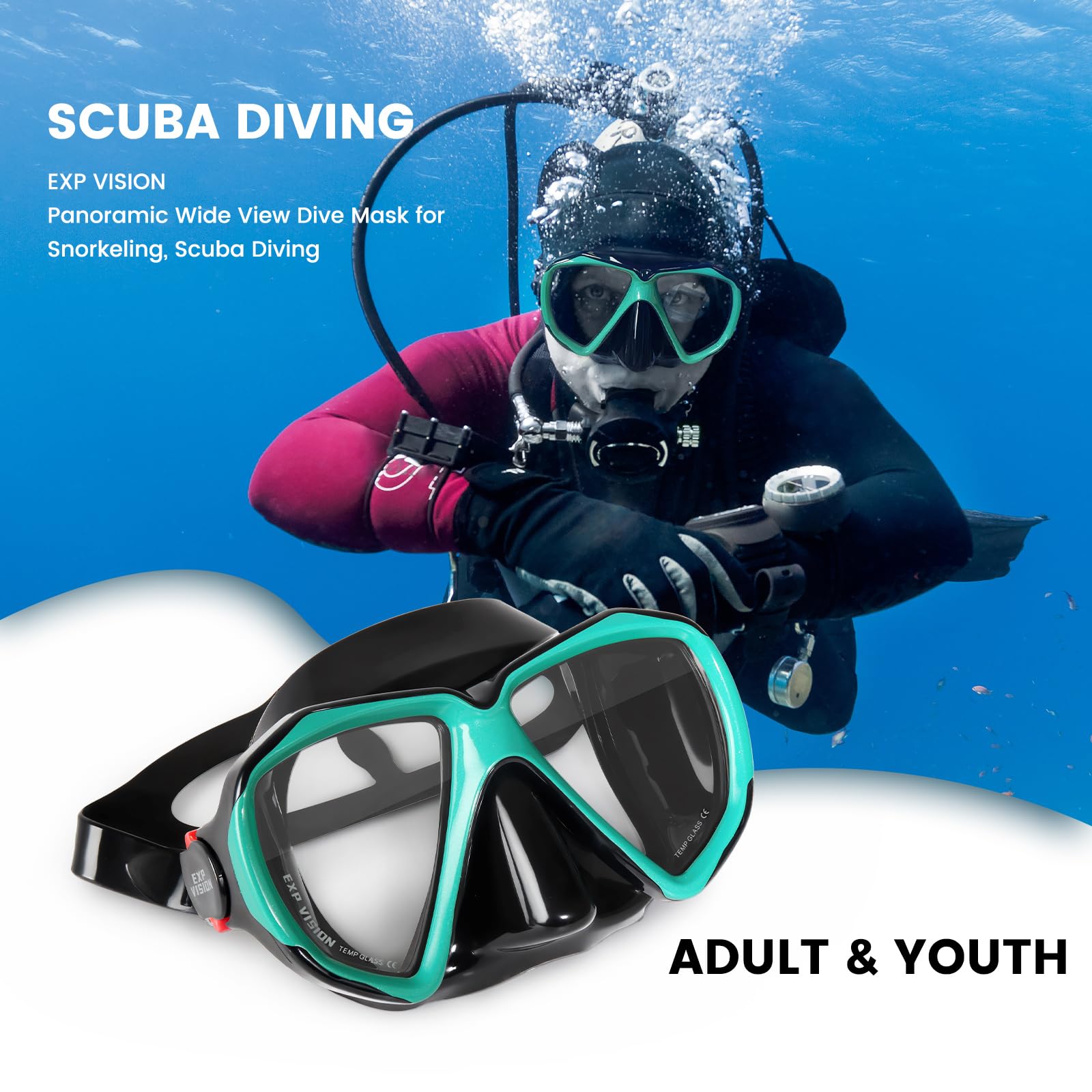 Schnorchel-Tauchmaske, Panorama-HD-Schwimmmaske, Anti-Beschlag-Tauchbrille, gehärtetes Glas, Tauchmaske für Erwachsene, Jugendliche, Schwimmbrille mit Nasenabdeckung zum Tauchen, Schnorcheln