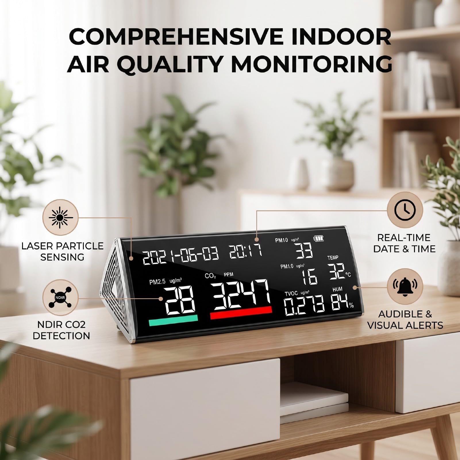 Generic Probador Inteligente de Calidad del Aire con Alertas Visuales y Datos Históricos para Cafeterías y Salas de Maternidad, Negro
