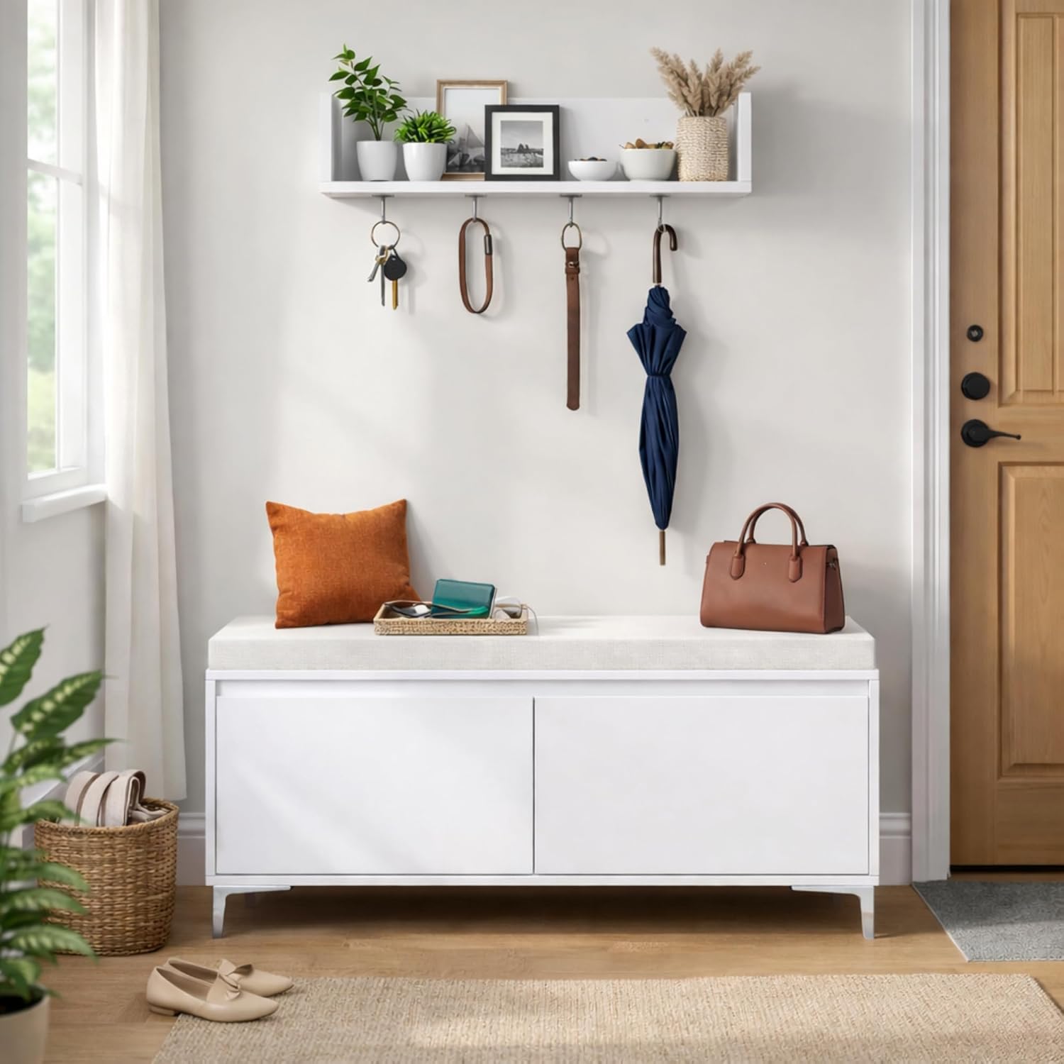 Modern White Entryway Storage Bench with Hooks & Shelf - Shoe Cabinet with Cushion, Wall-Mounted Organizer for Hallway/Bedroom/Mudroom, Closed Storage Solution