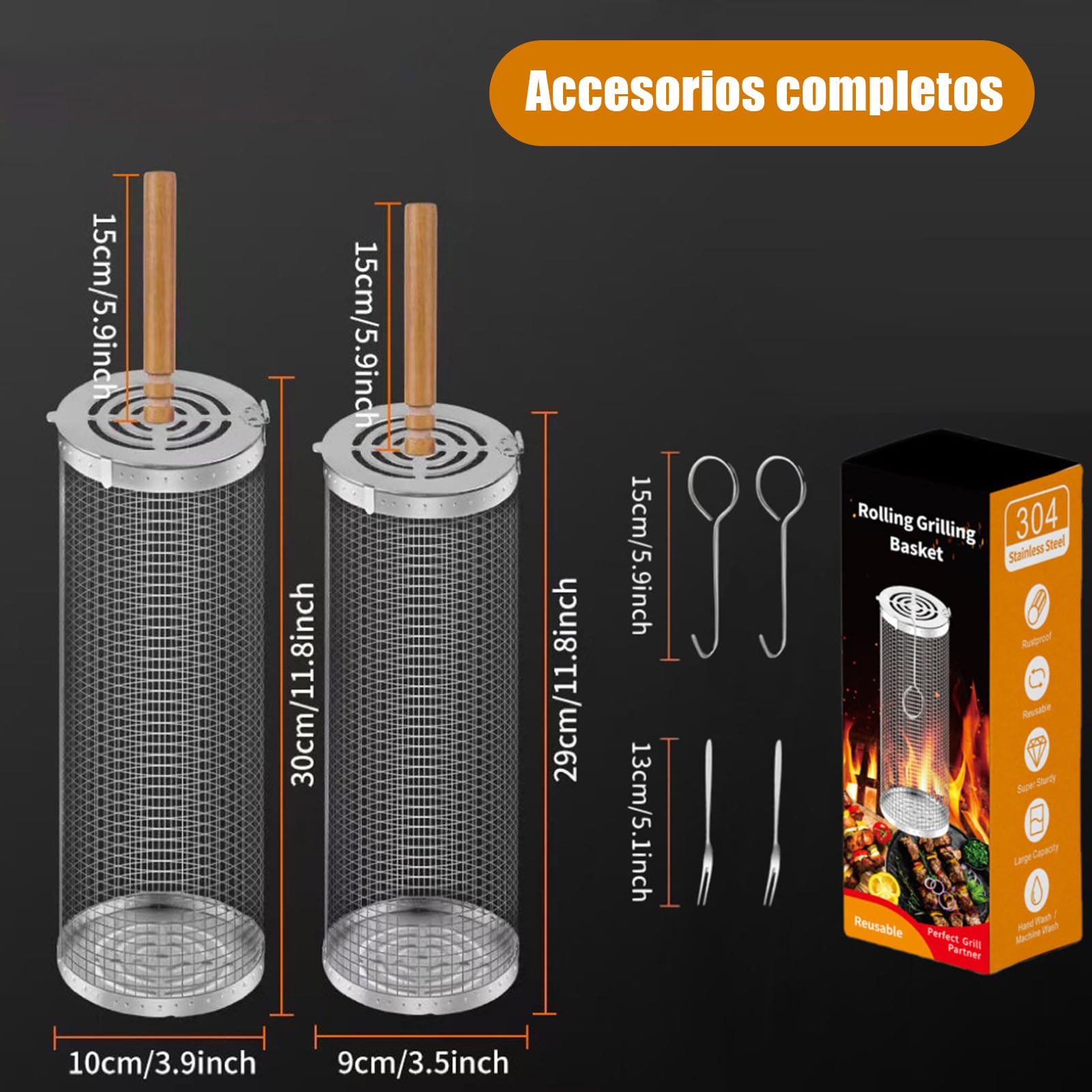 Conjunto de 2 Cestas para Parrilla Rodante, Cesta de Parrilla de Acero Inoxidable con Mango Extraíble, Rejilla Barbacoa para Asar Verduras, Carne