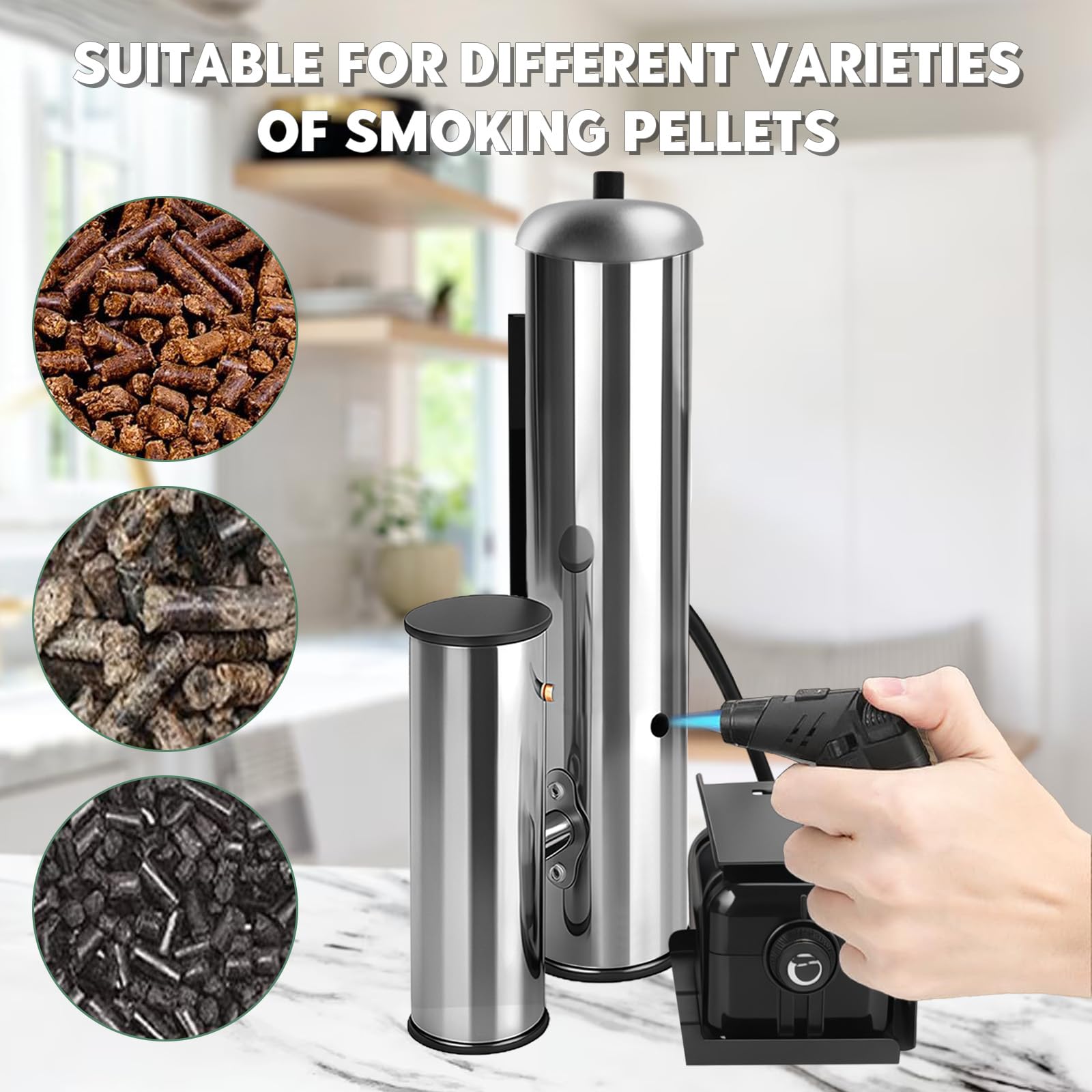 Kaltrauchgenerator aus Edelstahl, Upgrade Raucherzeuger für Räucheröfen Smoker mit Pumpe, Tragbares Räucherofen Elektrisch Zum Räuchern von Lebensmitteln und Fleisch, BBQ Rauch-Erzeuger (Long Handled)