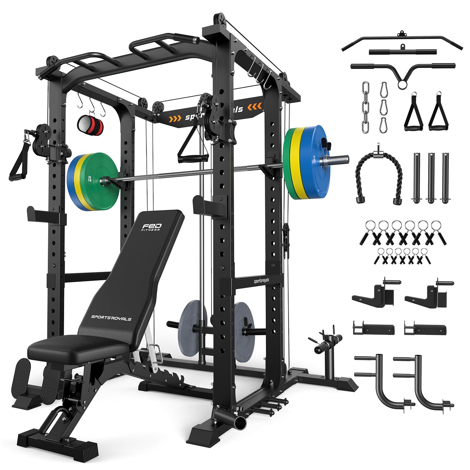 SPORTSROYALS Power Rack, Multi-Functional Power Cage, Squat Rack with Pulley System &amp; LAT Pull Down, Workout Cage with J Hooks for Home Gym