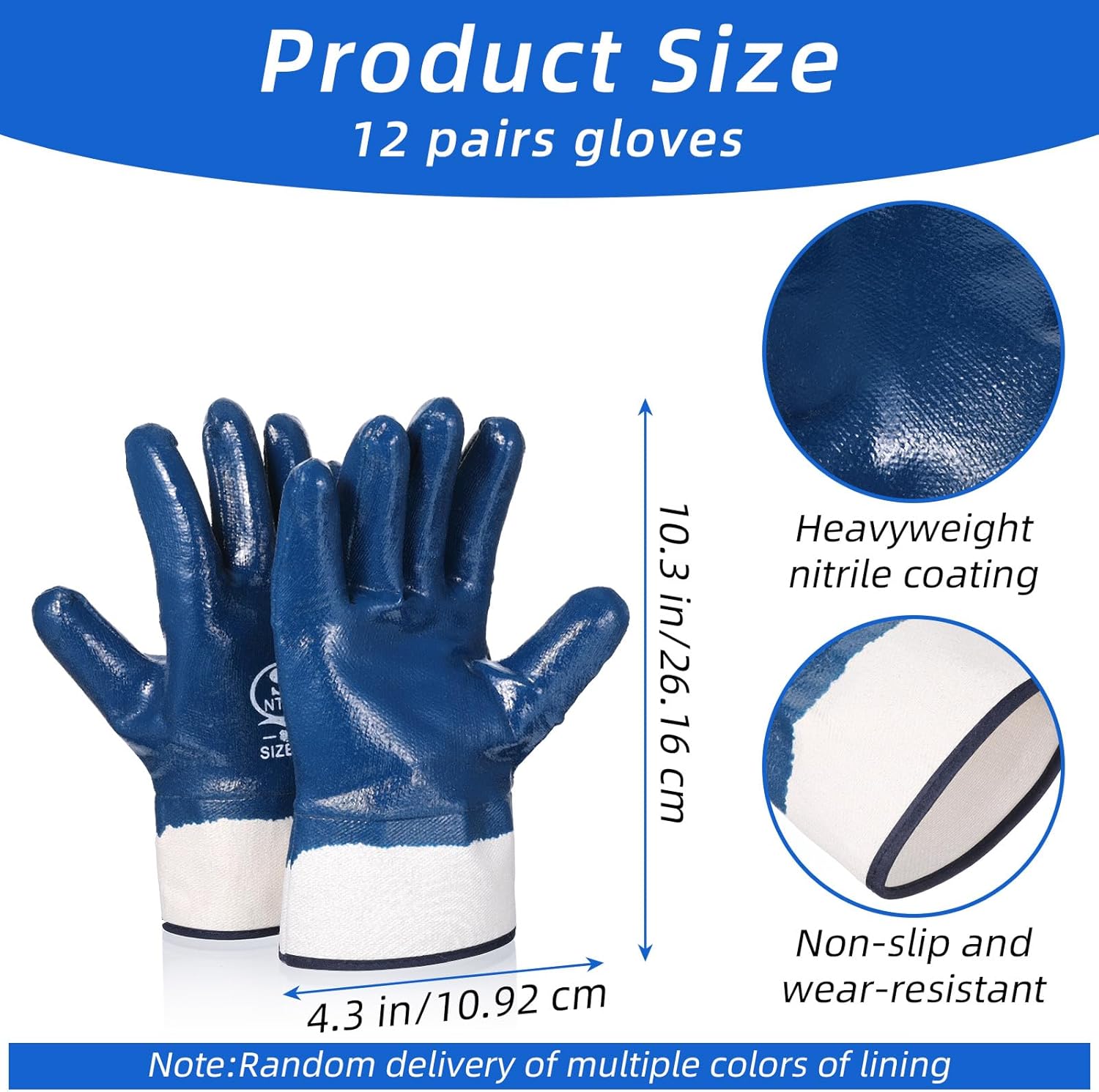 12 Pair Nitrile Heavyweight Fully Coated Work Gloves, Oil Resistant Gloves, Oil Gloves for Men, Safe Wide Cuffs for Petrochemical Transport Workers' Glove Blue Chemical Resistant Glove
