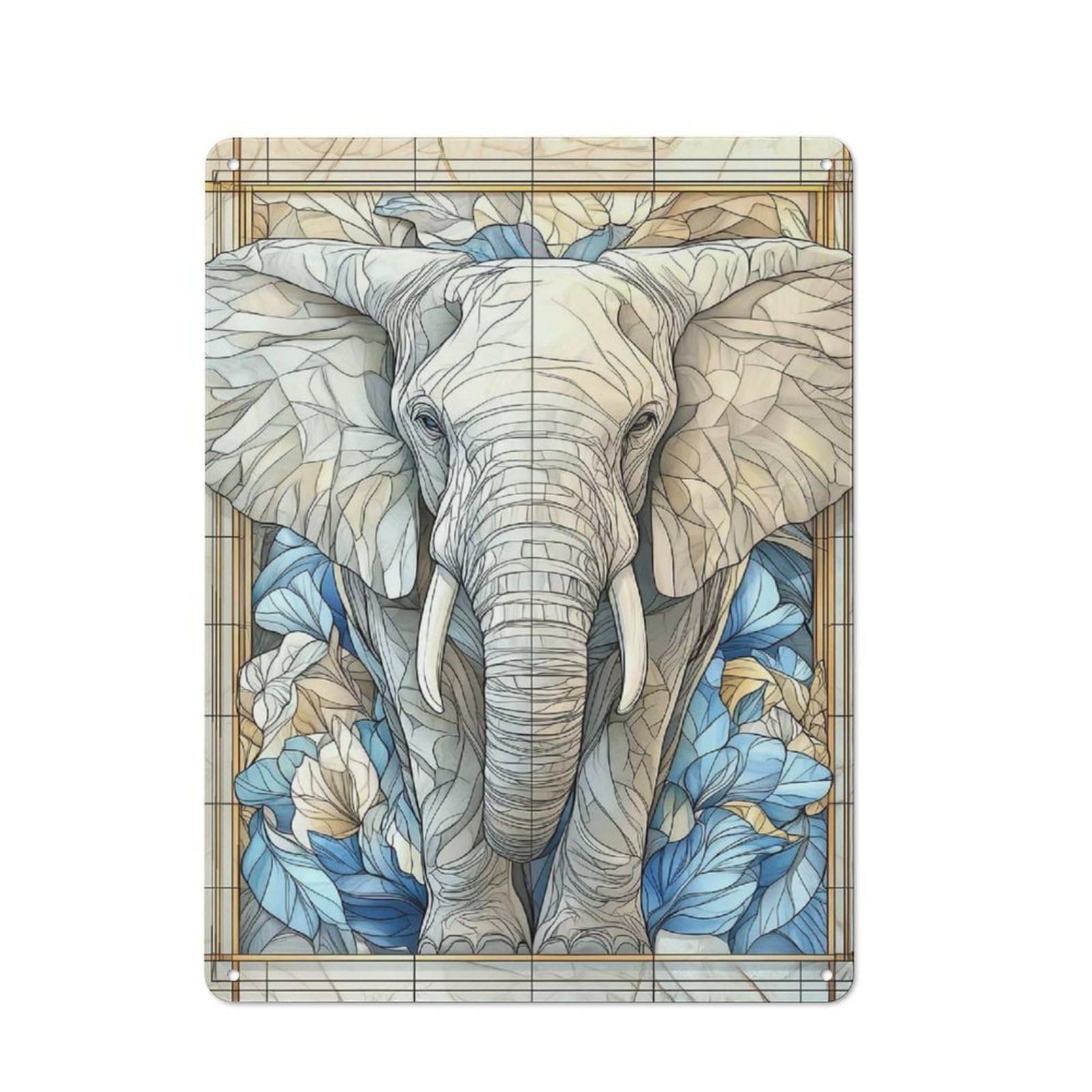 Junmoney Elephant Stained Glass Tin Wall Plaque 40X30cm, Rustic Farmhouse Wall Decor For Dining Room, Cafe, Entryway Or Family Room
