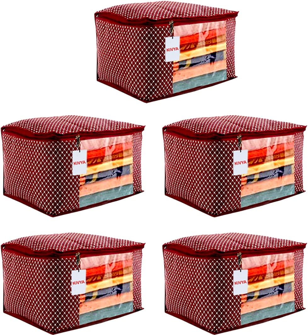KIVYA 3 Layered Quilted Polka Dot Cotton Saree Covers Storage Bags For Wardrobe Organizers With Transparent Window, Maroon - Set of 5