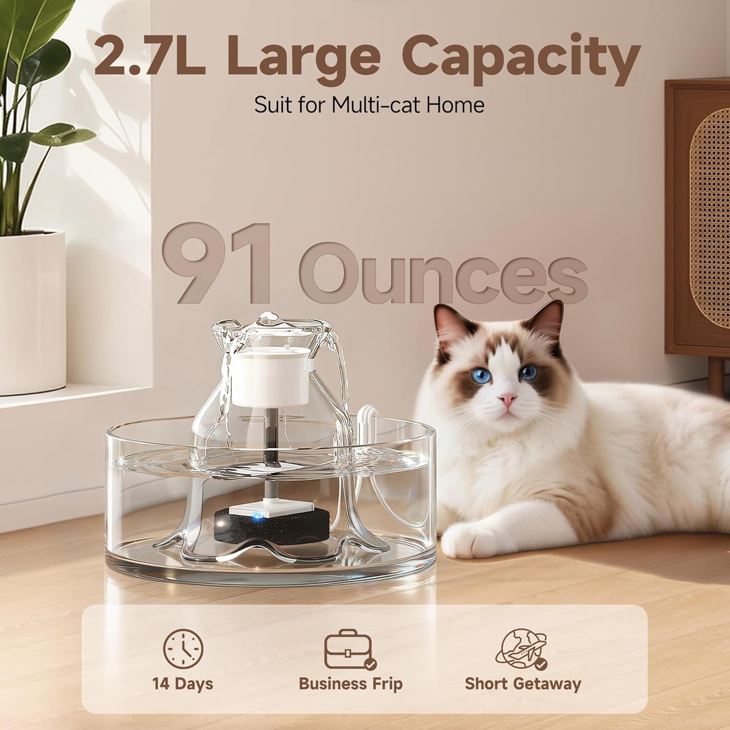 Glass Cat Water Fountain, 2.7L/91 oz Ultra-Quiet Pet Fountain, Automatic Water Dispenser for Cats & Small Dogs, Spill-Resistant Pet Water Bowl, BPA-Free, Includes 2 Filters, Effortless to Clean