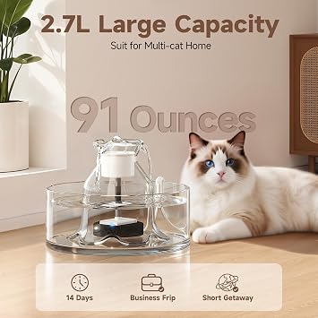 PETIMI Glass Cat Water Fountain, 2.7L/91 oz Ultra-Quiet Pet Fountain, Automatic Water Dispenser for Cats & Small Dogs, Spill-Resistant Pet Water Bowl, BPA-Free, Includes 2 Filters, Effortless to Clean
