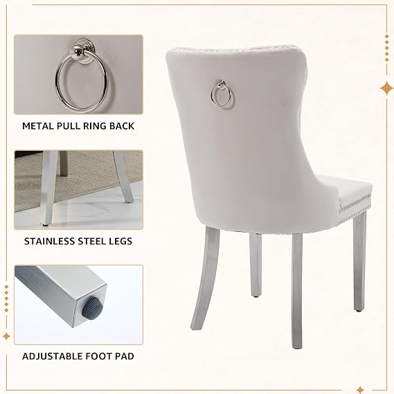 Velvet Dining Chairs Set of 4, Tufted Upholstered High Wingback Chairs with Nailhead Trim & Pull Ring, Silver Stainless Steel Legs for Dining Room, Sillas de Comedor, Beige