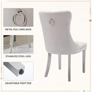 Velvet Dining Chairs Set of 4, Tufted Upholstered High Wingback Chairs with Nailhead Trim & Pull Ring, Silver Stainless Steel Legs for Dining Room, Sillas de Comedor, Beige