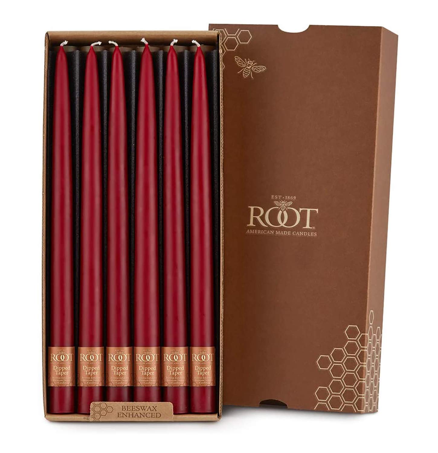 Root Unscented Hand Dipped Taper Candles, 12-Inch Tall, Box of 12, Garnet