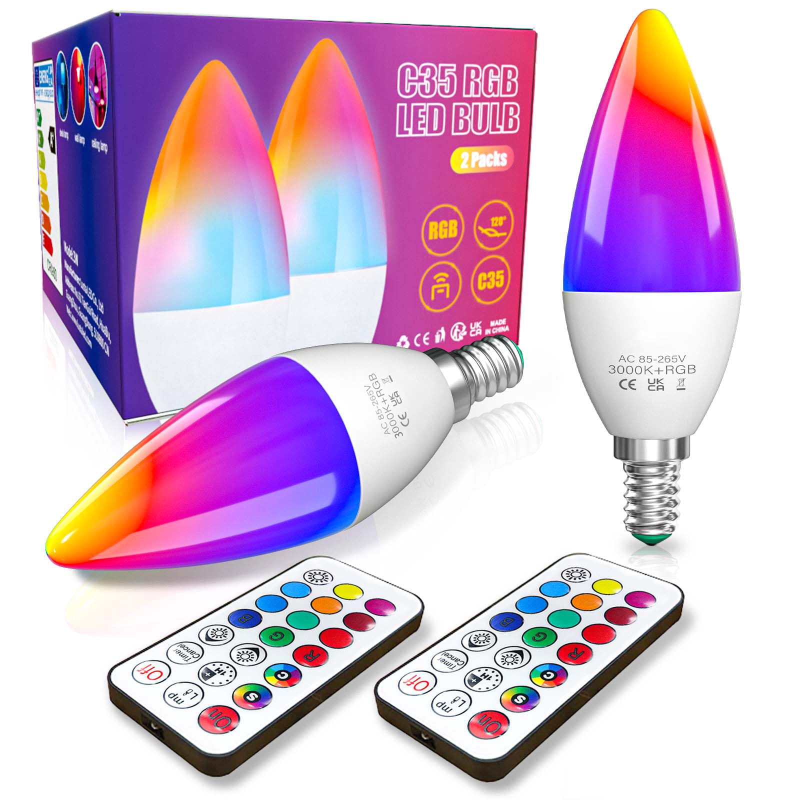 TobeBright C35 E14 Color Changing Bulb 3W led dimmable Warm White 3000K RGB Candle Bulb with 12 Colors, Function Memory and Timing, Multicolor Party Light Bulb for Home/Decoration/Party/KTV/Bars(2pcs)