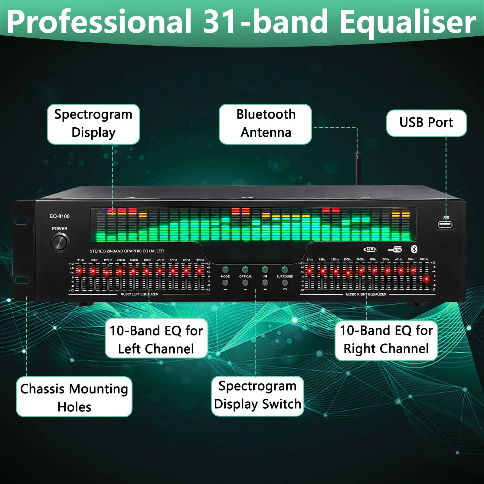31 pasm korektora graficznego z wyświetlaczem widma LED, 12 wzorów rytmicznych | Podwójny 10-segmentowy niezależny tuning, Bluetooth 5.3 Optical Coaxial Digital Audio Decoding, do stadionu, studia nagrań