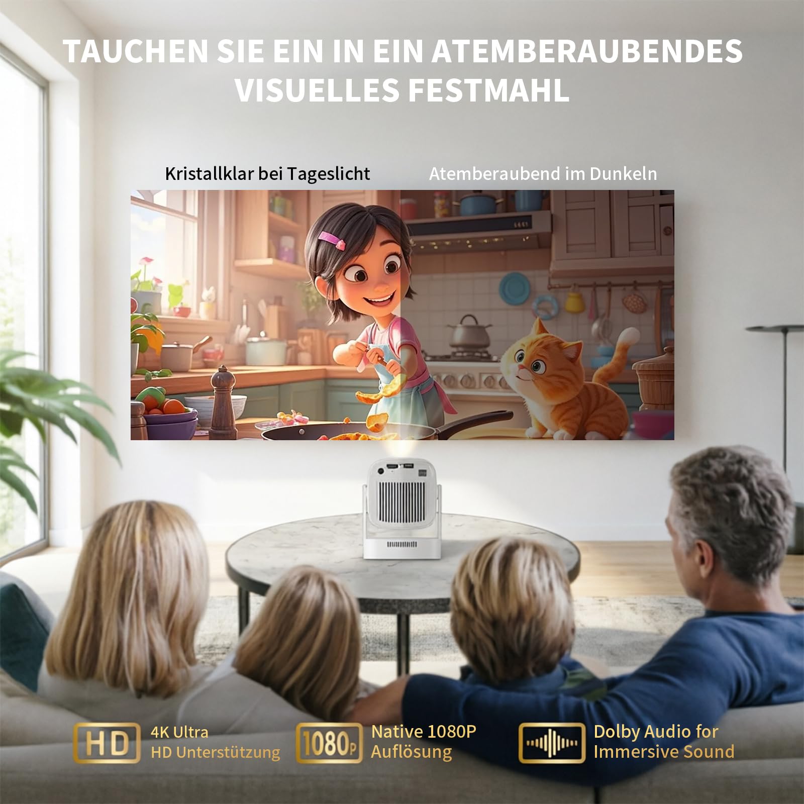 Mini Beamer 4K 1080P Unterstützt, Smart Projector WiFi 6 BT 5.4,Mini Projektor Automatische Trapezialkorrektur,Tragbarer Projektor für Zuhause und draußen,Beamer für HDMI/TV Stick/USB/Laptop,Weiß