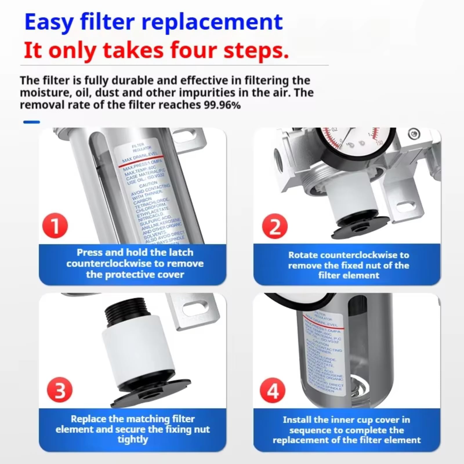 1/2" Régulateur de filtre à air comprimé, Filtre mesureur pour compresseur d'air 1/2" avec régulateur d'huile et d'eau pour compresseurs et outils pneumatiques