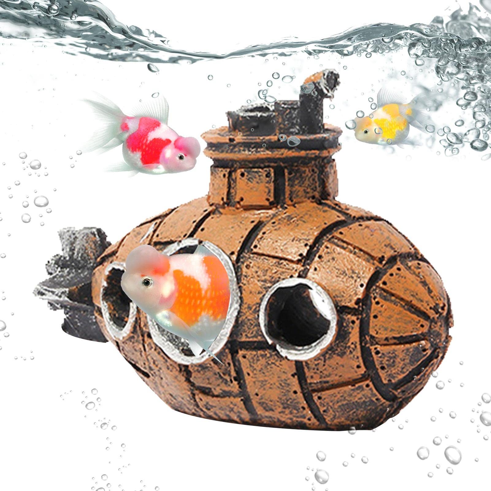 Hitburu Green Fish Tank Ornaments,Aquarium Bubble Decorations - Retro Old Submarine Wreck Ornament, Resin Underwater Fish Tank Decor