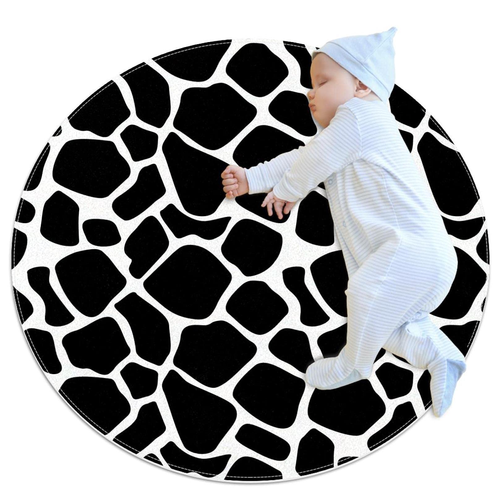 Tapis de salle de bain motif vache noire et blanche antidérapant - Diamètre 1m pour chambre d'enfant